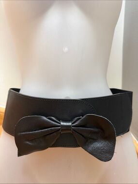 Anthro Black Wide Elastic Waist Belt Leather Bow Front Cinch Corset Stretchy